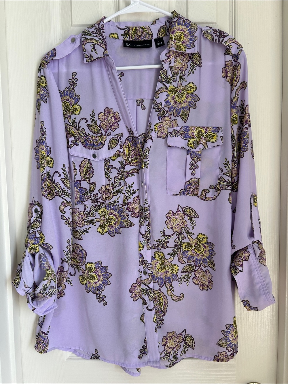 ⚜️ New York & Company Lavender Floral Utility Blouse
